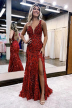 Vestido de fiesta sirena con escote en V, lentejuelas y encaje con abertura