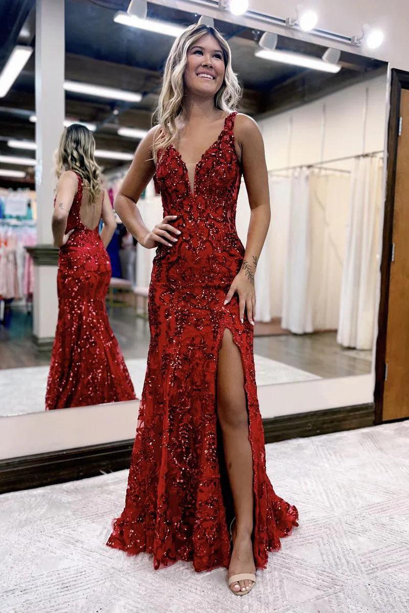 Vestido de fiesta sirena con escote en V, lentejuelas y encaje con abertura