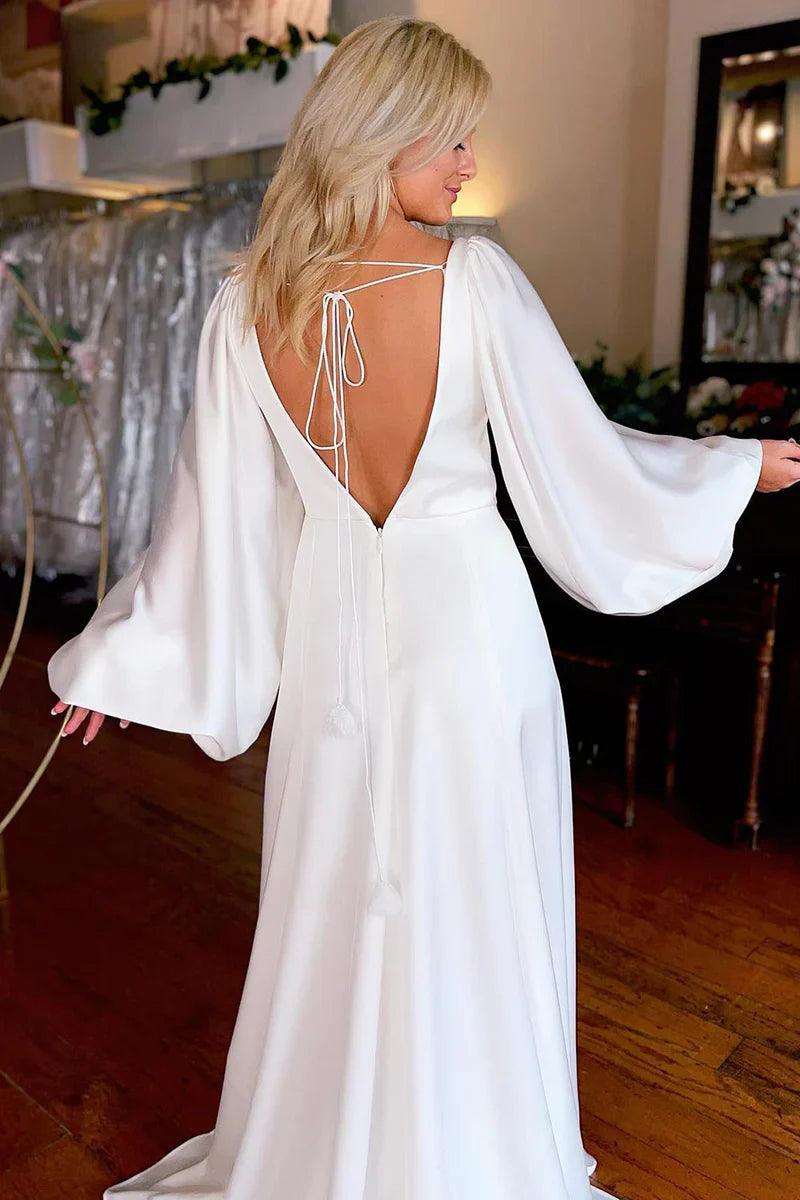 Brautkleid Weiß Satin Schlicht A-Linie Lang mit Schlitz