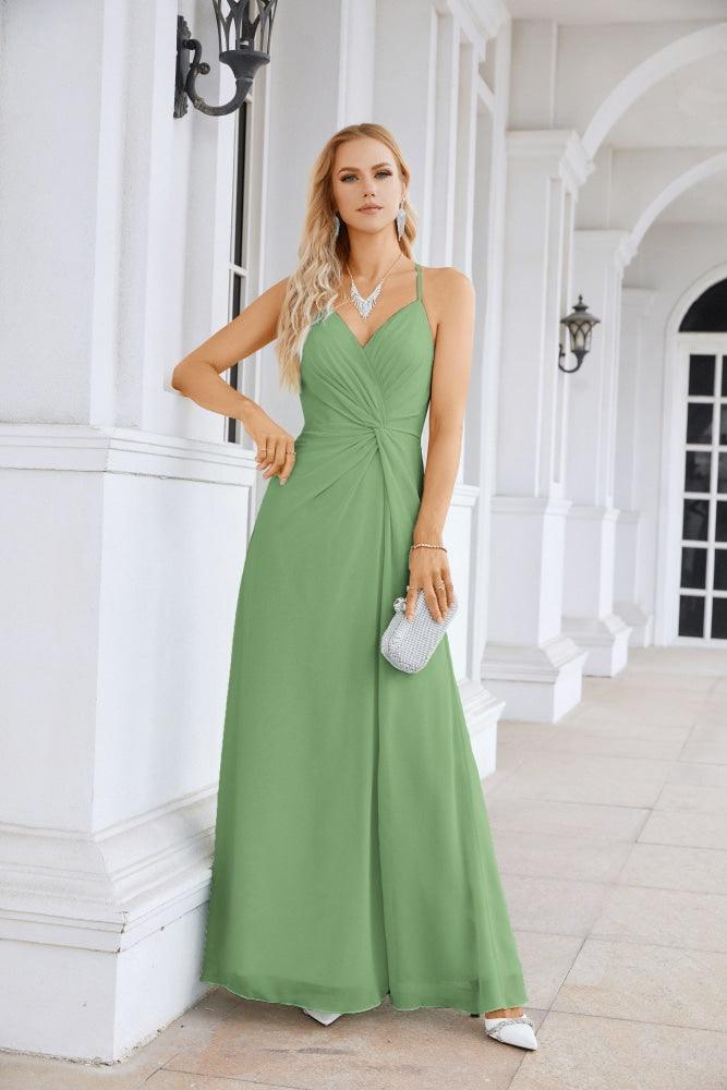 Ladies Chiffon Spaghetti Strap V Neck Front Slit Floor Length Bridesmaid Evening Dress Prom Party Wedding Evening Dress 28116-numbersea