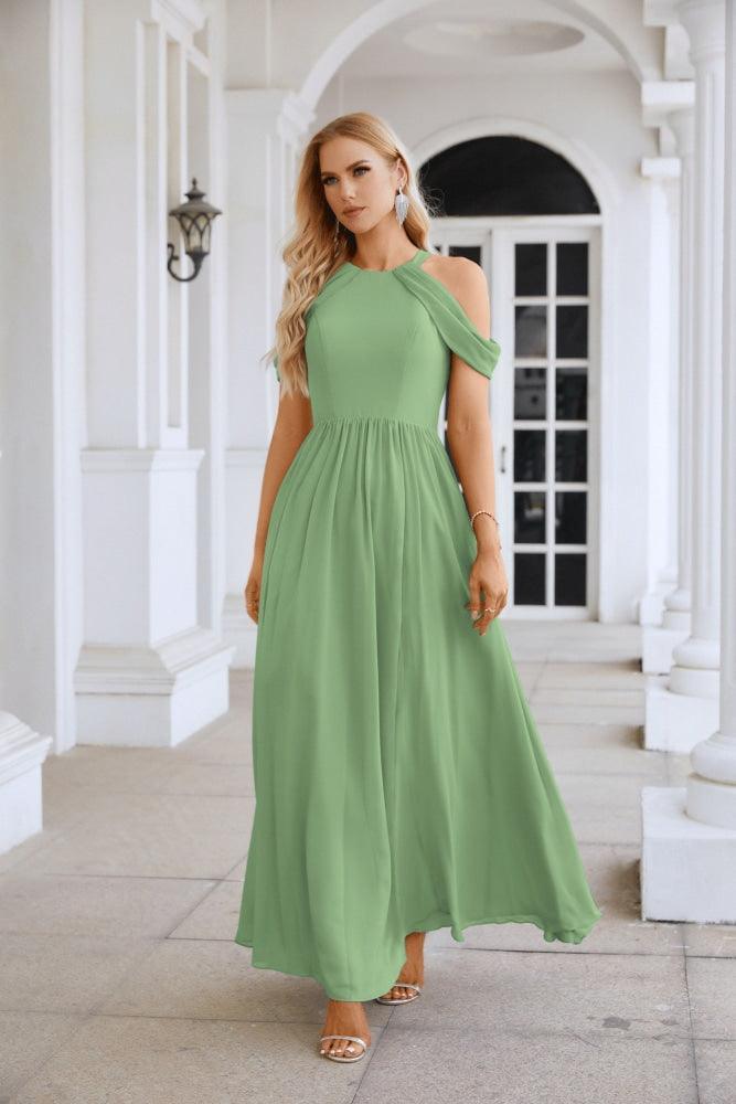 Ladies Chiffon Off Shoulder Swing Sleeve Front Slit Bridesmaid Evening Dress Wedding Party Evening Dress 28117-numbersea