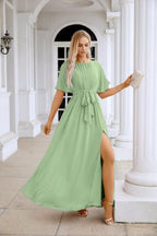 Ladies Chiffon Sleeve Crew Neck Front Slit Floor Length Bridesmaid Evening Dress Wedding Party Evening Dress 28124-numbersea