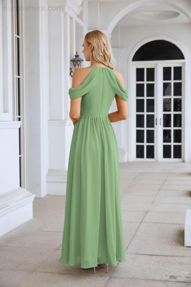 Ladies Chiffon Off Shoulder Swing Sleeve Front Slit Bridesmaid Evening Dress Wedding Party Evening Dress 28117-numbersea