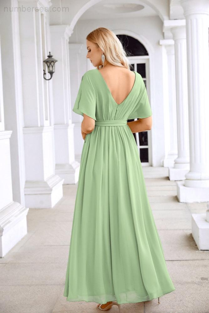 Ladies Chiffon Sleeve Crew Neck Front Slit Floor Length Bridesmaid Evening Dress Wedding Party Evening Dress 28124-numbersea