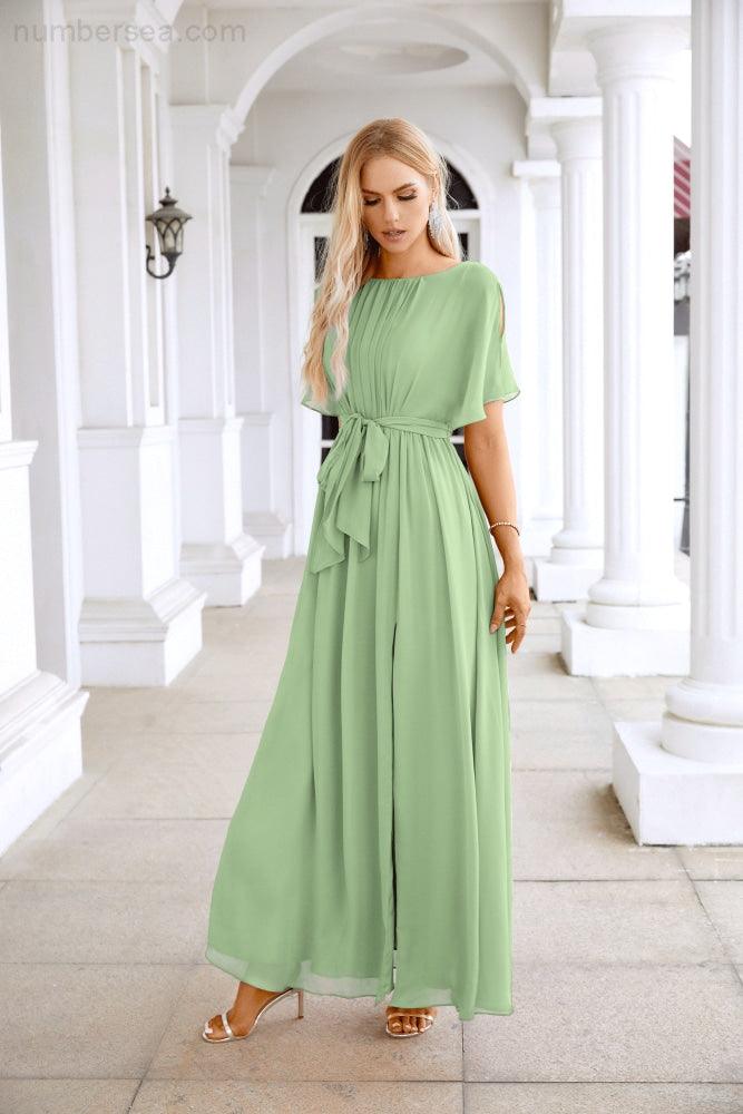 Ladies Chiffon Sleeve Crew Neck Front Slit Floor Length Bridesmaid Evening Dress Wedding Party Evening Dress 28124-numbersea