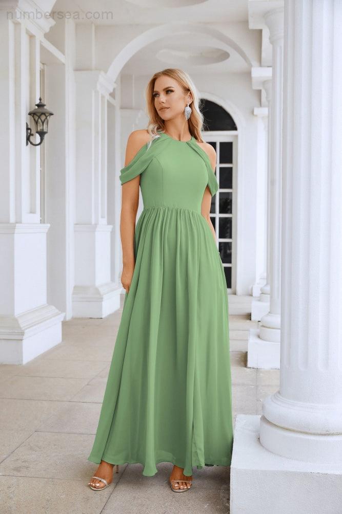 Ladies Chiffon Off Shoulder Swing Sleeve Front Slit Bridesmaid Evening Dress Wedding Party Evening Dress 28117-numbersea