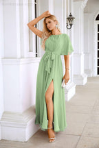 Ladies Chiffon Sleeve Crew Neck Front Slit Floor Length Bridesmaid Evening Dress Wedding Party Evening Dress 28124-numbersea
