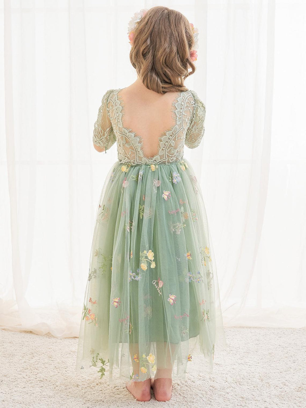 Sage Scoop Neck Cloth Surface and Tulle Flower Girl Dress