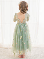 Sage Scoop Neck Cloth Surface and Tulle Flower Girl Dress