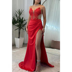 Vestido de noche para fiesta de graduación con escote en V, tirantes finos, apliques y abertura lateral 