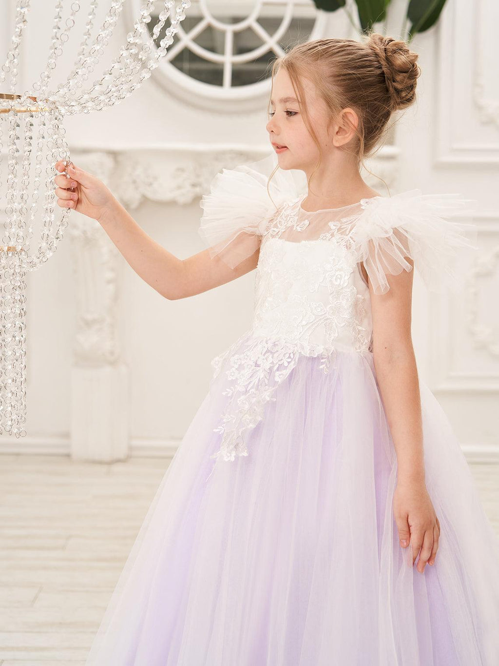 Vestido de niña de las flores con cola larga y tul con encaje desmontable 