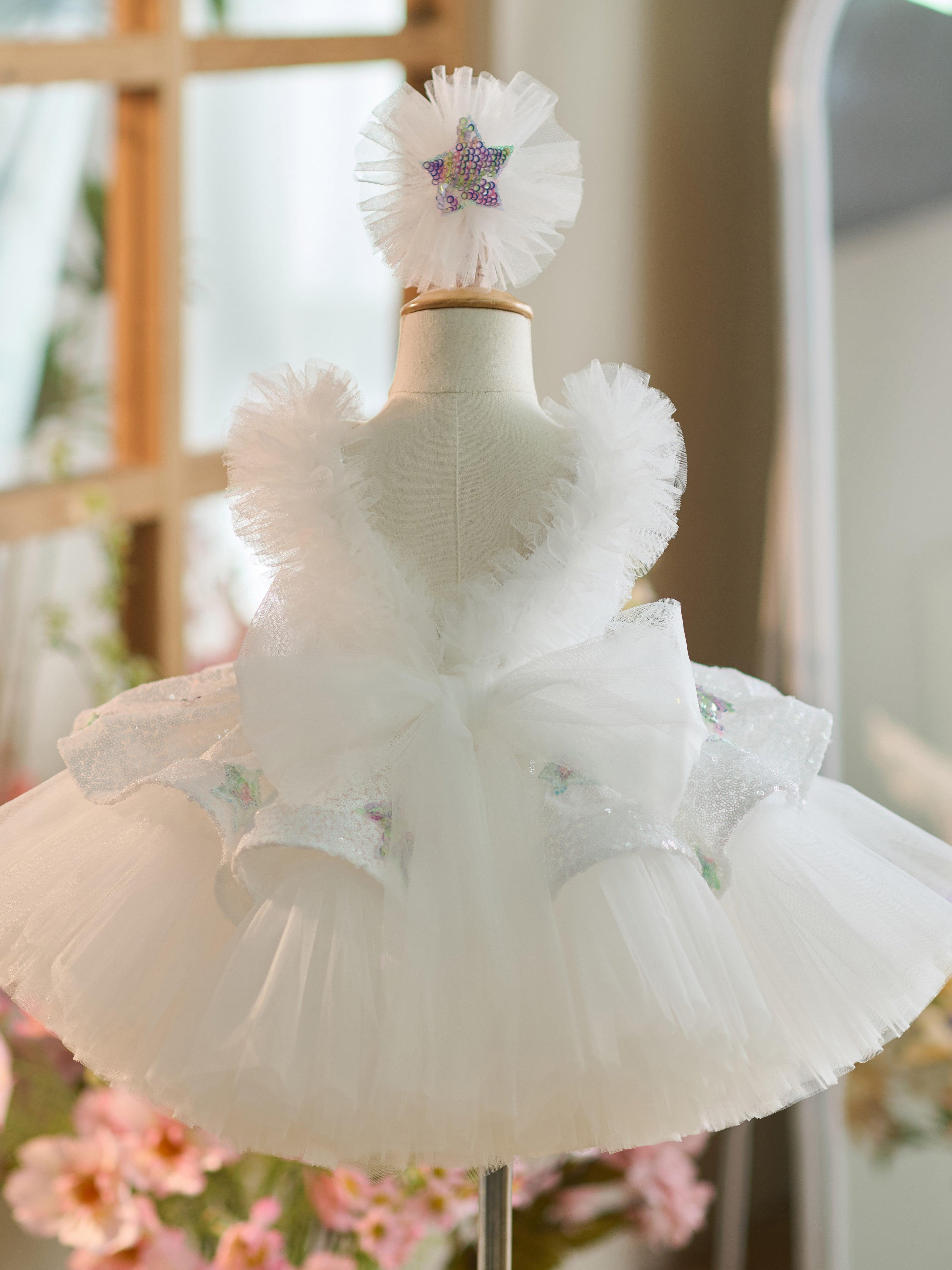 Vestido de tul blanco con lentejuelas hasta la rodilla para fiesta de primer cumpleaños 