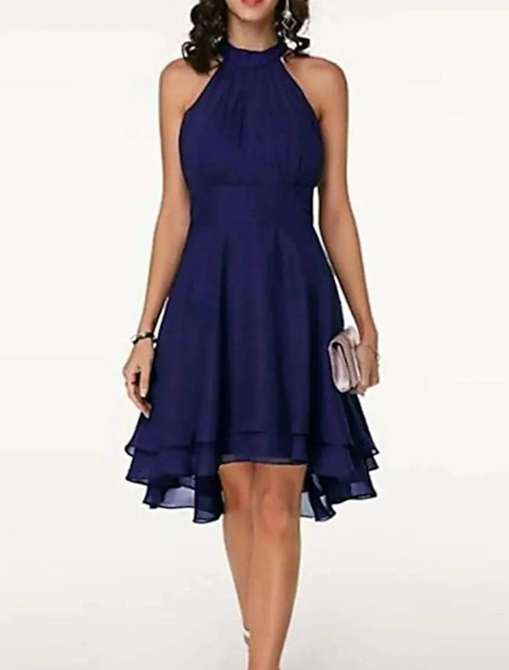 Vestido de fiesta elegante con capas, de gasa, sin mangas, hasta la rodilla, con escote en V y espalda en V para invitados de boda