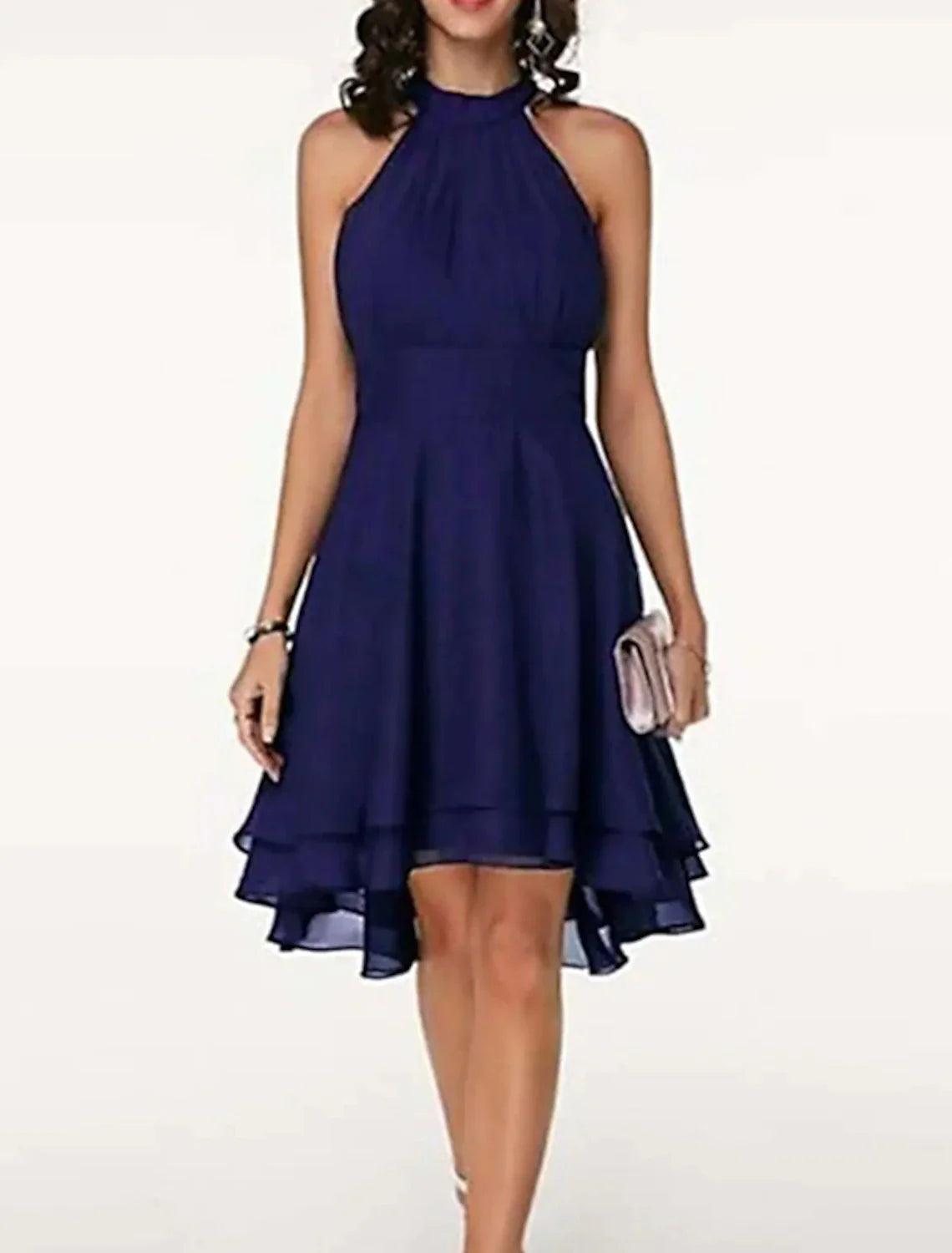 Vestido de fiesta elegante con capas, de gasa, sin mangas, hasta la rodilla, con escote en V y espalda en V para invitados de boda