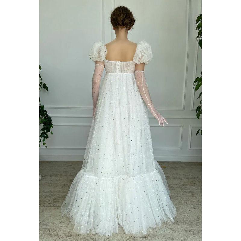Square Neck Short Puff Sleeves Tulle A-Line Long Prom Gown