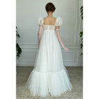 Square Neck Short Puff Sleeves Tulle A-Line Long Prom Gown