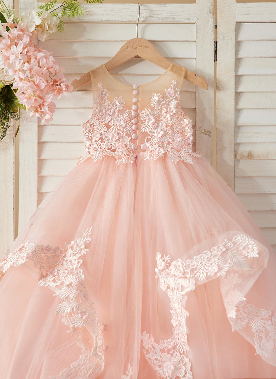 Vestido de princesa de tul sin mangas con apliques de encaje y cola larga para niñas 