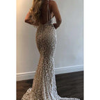 Vestido de fiesta largo con escote en V profundo, tirantes finos, lentejuelas y cuentas
