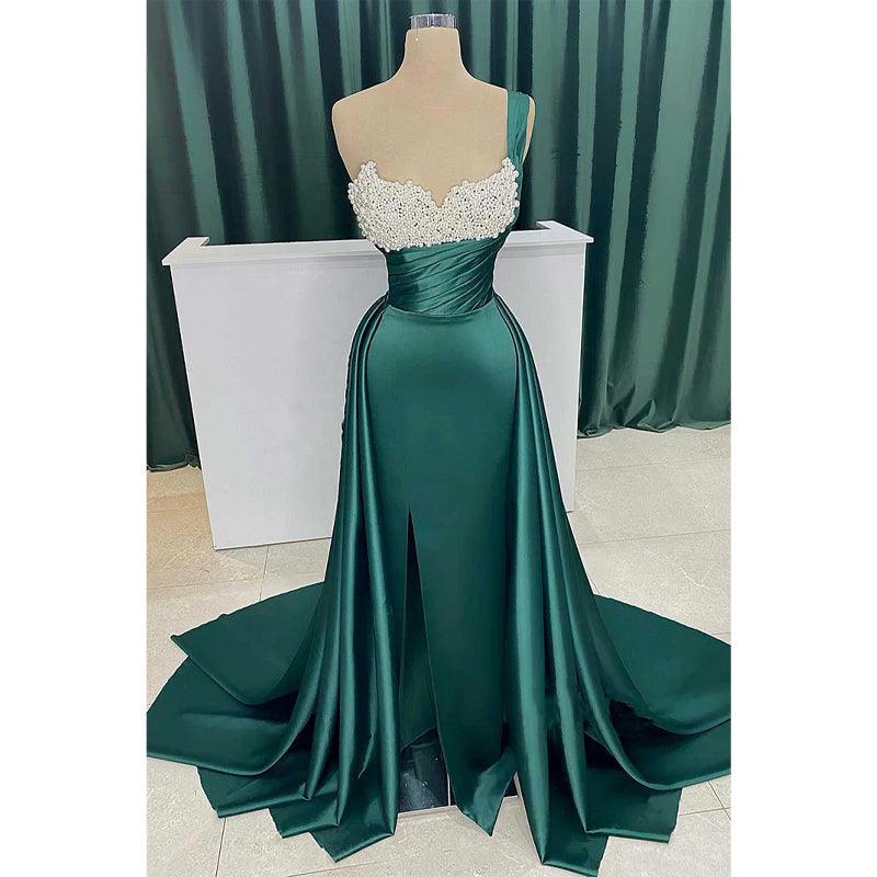 Vestido de noche de satén con hombros descubiertos, cuentas y cola desmontable para fiesta de graduación 