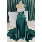 Vestido de noche de satén con hombros descubiertos, cuentas y cola desmontable para fiesta de graduación 
