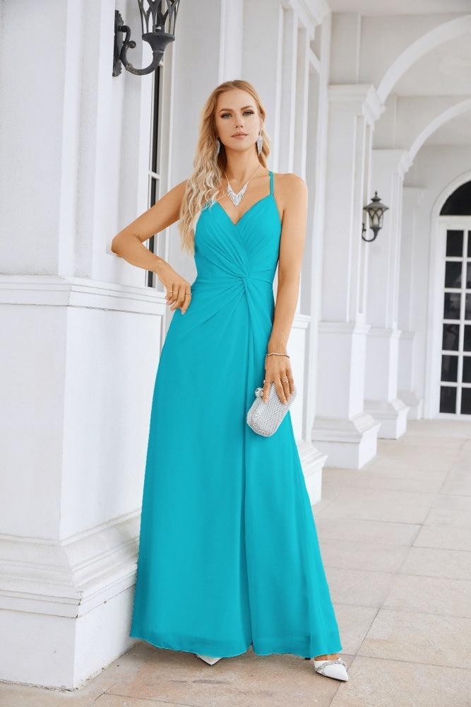 Ladies Chiffon Spaghetti Strap V Neck Front Slit Floor Length Bridesmaid Evening Dress Prom Party Wedding Evening Dress 28116-numbersea