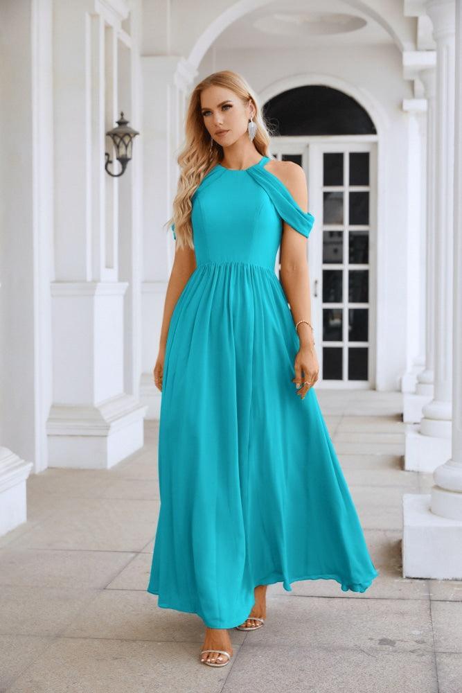Ladies Chiffon Off Shoulder Swing Sleeve Front Slit Bridesmaid Evening Dress Wedding Party Evening Dress 28117-numbersea