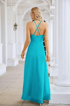 Ladies Chiffon Spaghetti Strap V Neck Front Slit Floor Length Bridesmaid Evening Dress Prom Party Wedding Evening Dress 28116-numbersea