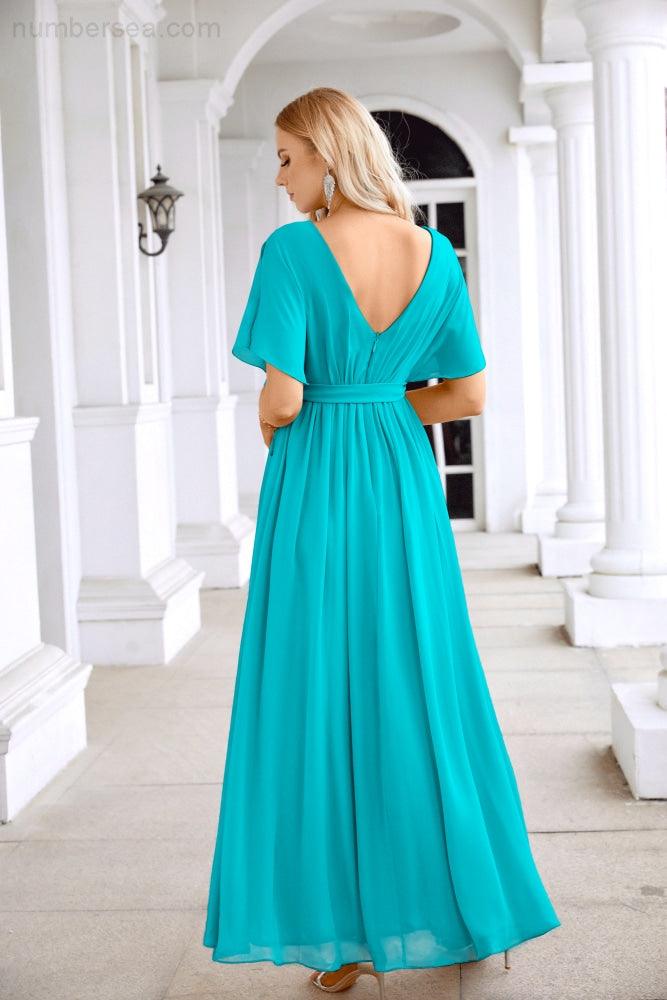 Ladies Chiffon Sleeve Crew Neck Front Slit Floor Length Bridesmaid Evening Dress Wedding Party Evening Dress 28124-numbersea