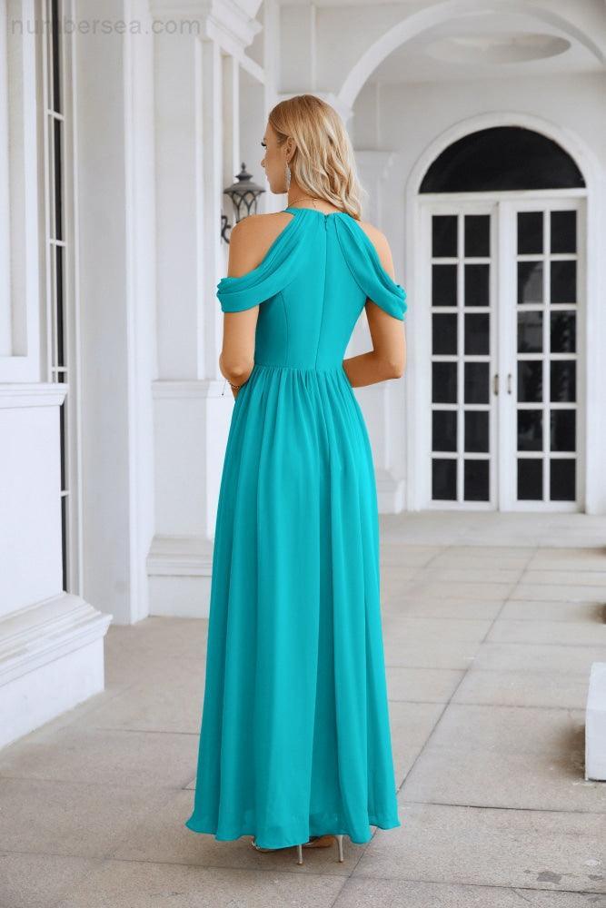 Ladies Chiffon Off Shoulder Swing Sleeve Front Slit Bridesmaid Evening Dress Wedding Party Evening Dress 28117-numbersea