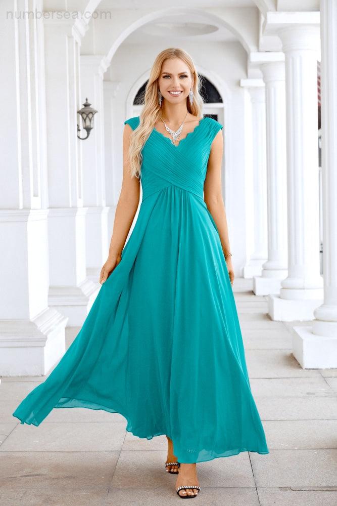 Ladies Chiffon V Neck Sleeveless Floor Length Bridesmaid Evening Dress Wedding Party Evening Dress 28126-numbersea
