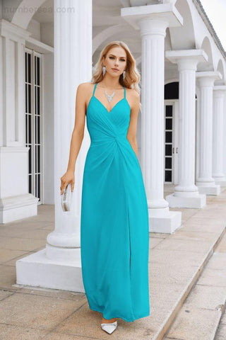 Ladies Chiffon Spaghetti Strap V Neck Front Slit Floor Length Bridesmaid Evening Dress Prom Party Wedding Evening Dress 28116-numbersea