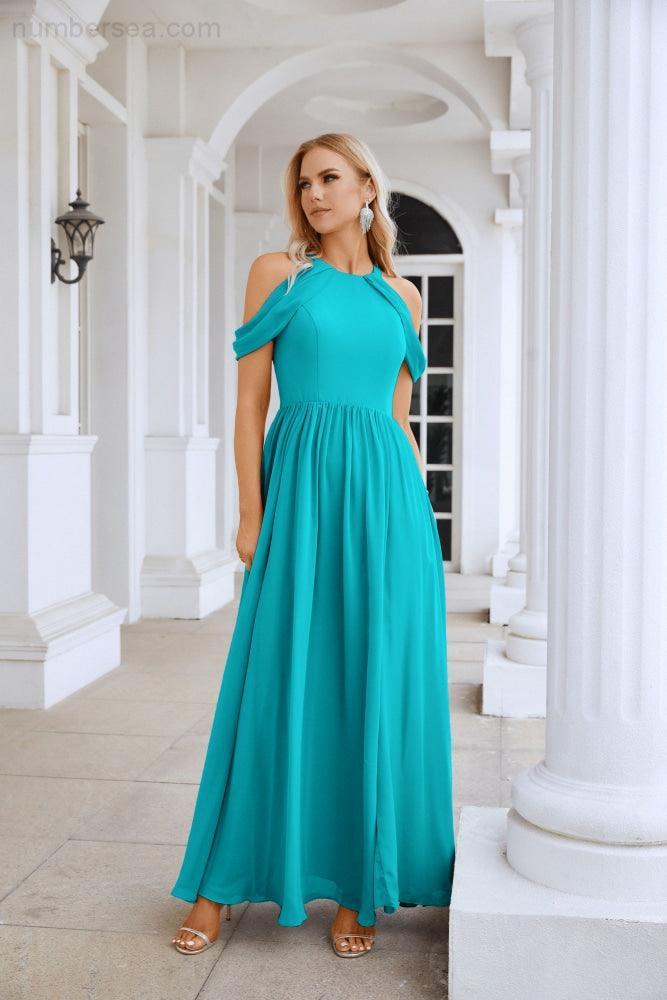 Ladies Chiffon Off Shoulder Swing Sleeve Front Slit Bridesmaid Evening Dress Wedding Party Evening Dress 28117-numbersea