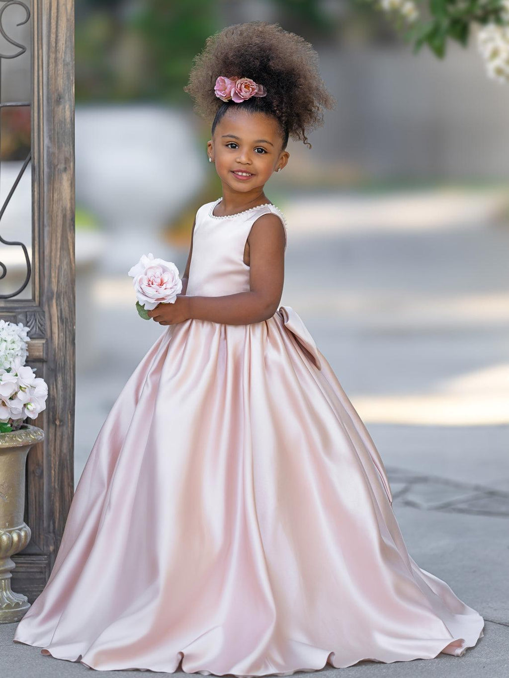 Sleeveless Satin Beaded Neckline and Bow Detail Dress