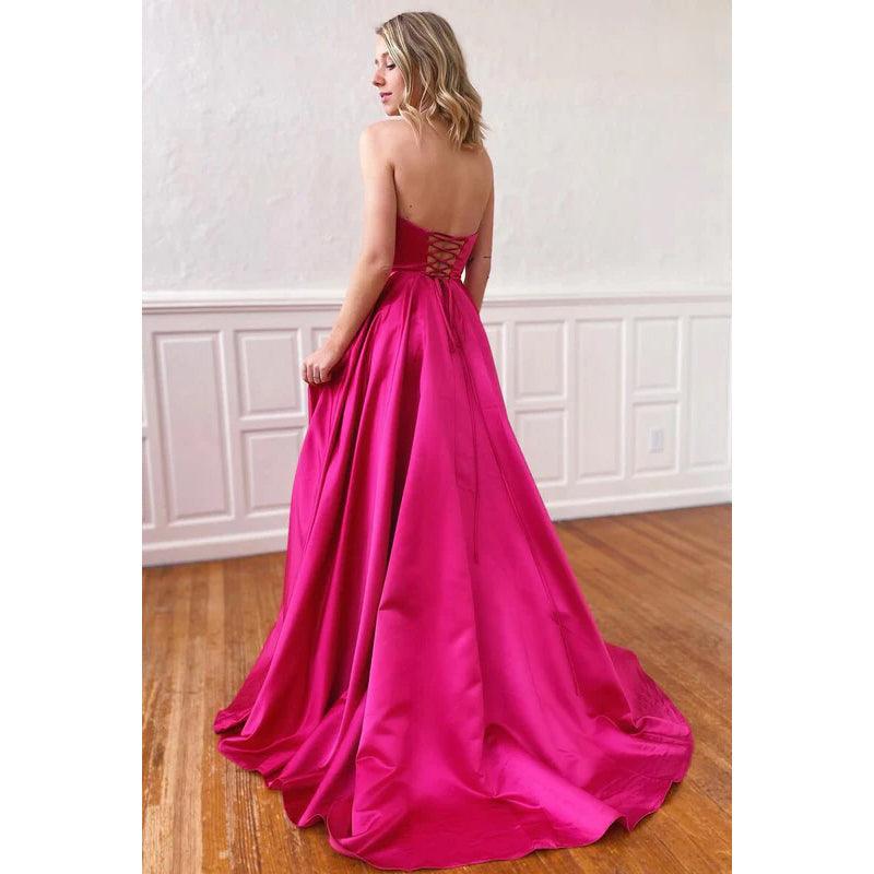 Vestido de noche largo de satén con cordones, sin tirantes y corte A, con abertura