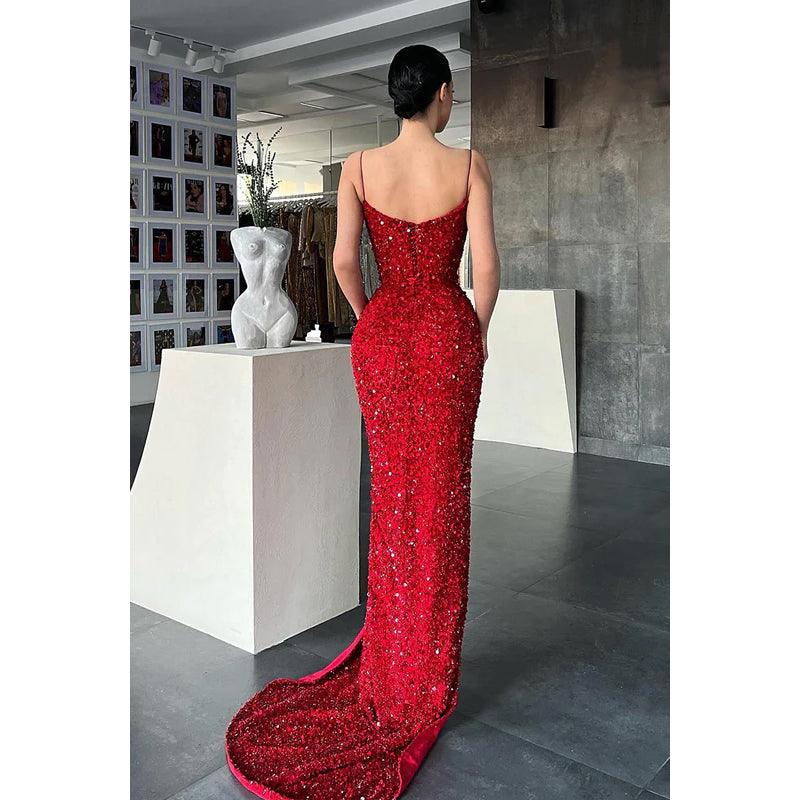 Vestido de fiesta largo con escote en V, tirantes finos, lentejuelas y abertura