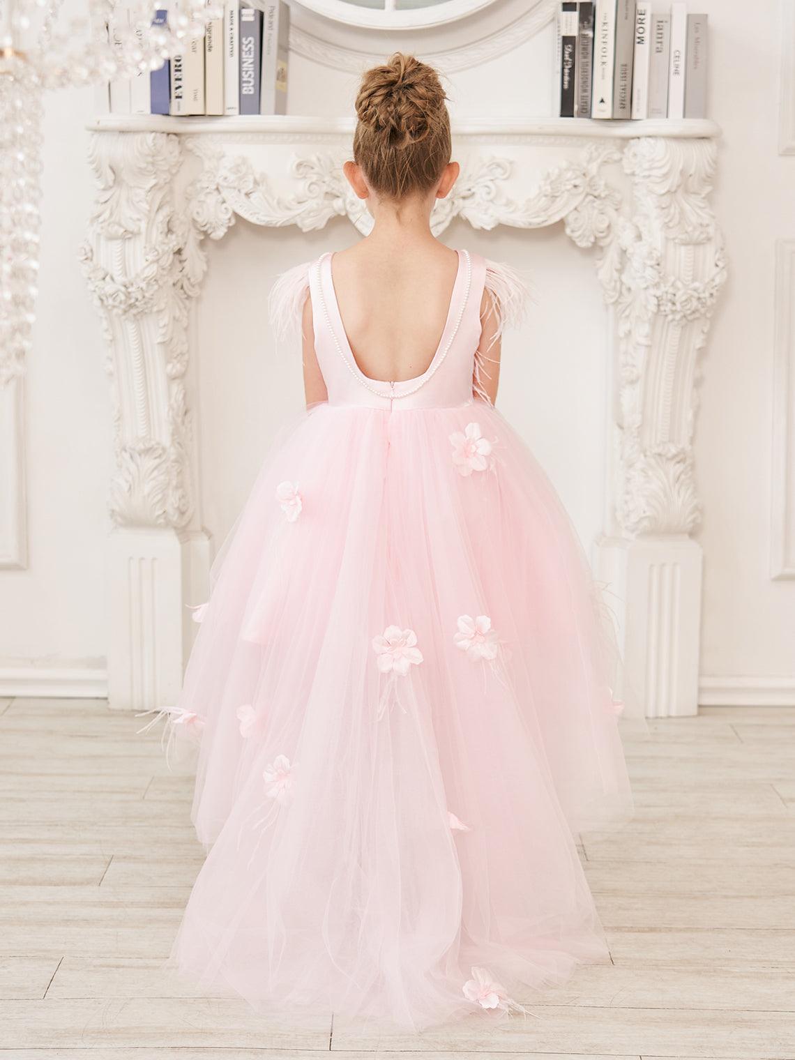 Vestido de princesa sin mangas de tul para niña de las flores con cuentas y lazo de plumas (010224704) 