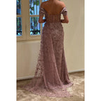 Vestido formal de noche con escote tubo y hombros descubiertos, apliques de tul y lentejuelas