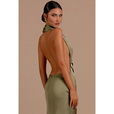 Sexy Halter Backless Satin Sheath Long Evening Dress With Side Slit