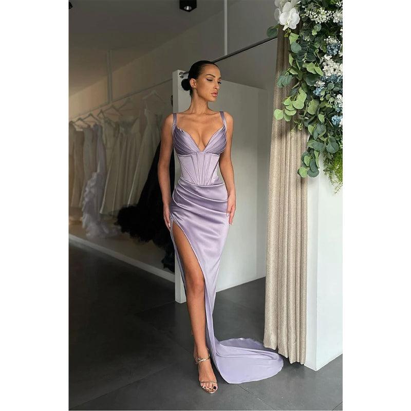 Sexy V-neck Pleats High Split Mermaid Prom Dresses