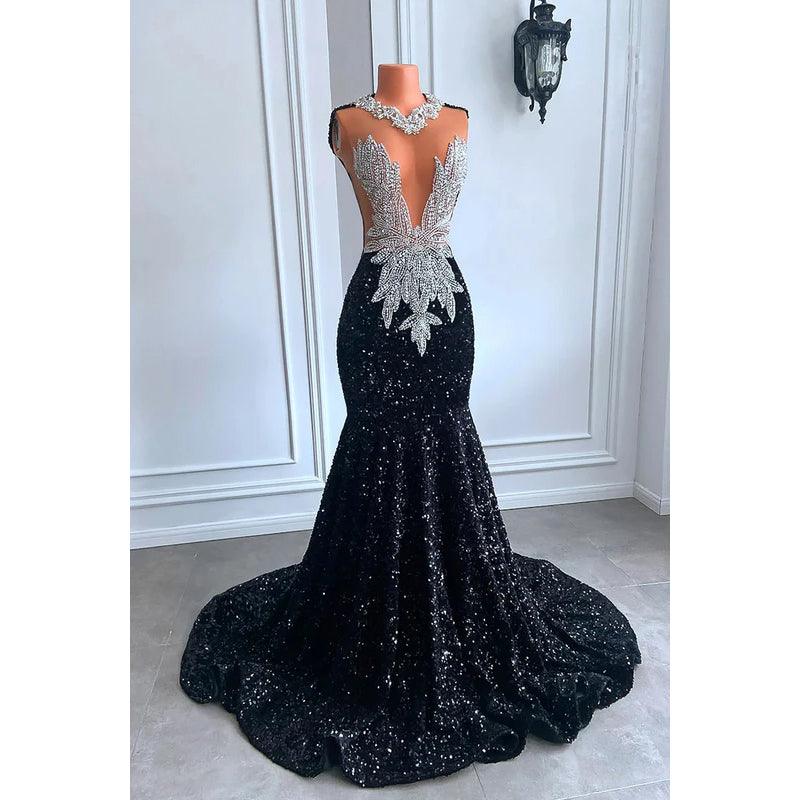 Glamouröses und dramatisches Mermiad Abendkleid mit tiefem V-Ausschnitt, ärmellos und Pailletten