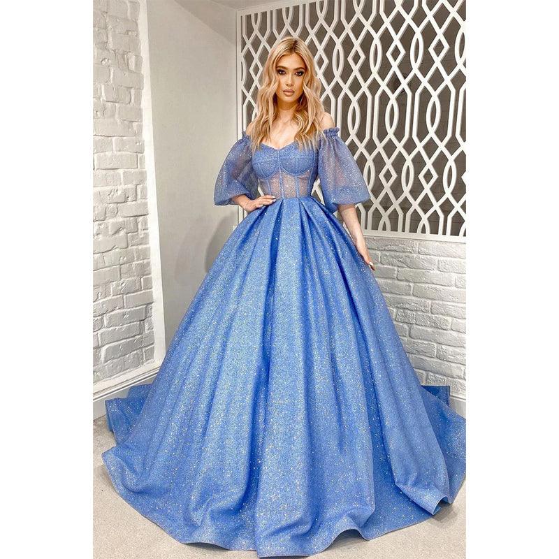 Einzigartiges schulterfreies, funkelndes Ballkleid mit halblangen Ärmeln 