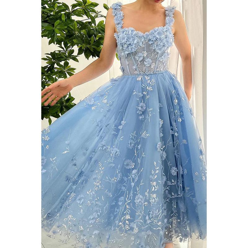 Vestido de noche de fiesta con apliques florales de tul y corte en A con escote en forma de corazón 