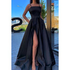 Vestido de noche largo de satén con tirantes finos y corte A para graduación con abertura