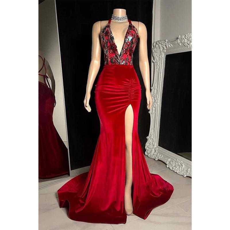 Tiefer V-Ausschnitt Applikationen Seitenschlitz Meerjungfrau Ballkleid Schwarz Girs Slay