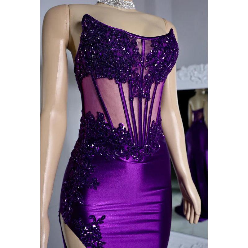 Elegante y lujoso vestido de noche de fiesta con escote redondo, sin mangas, abertura lateral y encaje