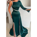 Vestido de noche formal de sirena con mangas largas y cuentas cúbicas único con abertura 