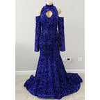 Unique High Neckline Long Sleeves Sequins Sparkly Prom Dress Black Dress for Slay