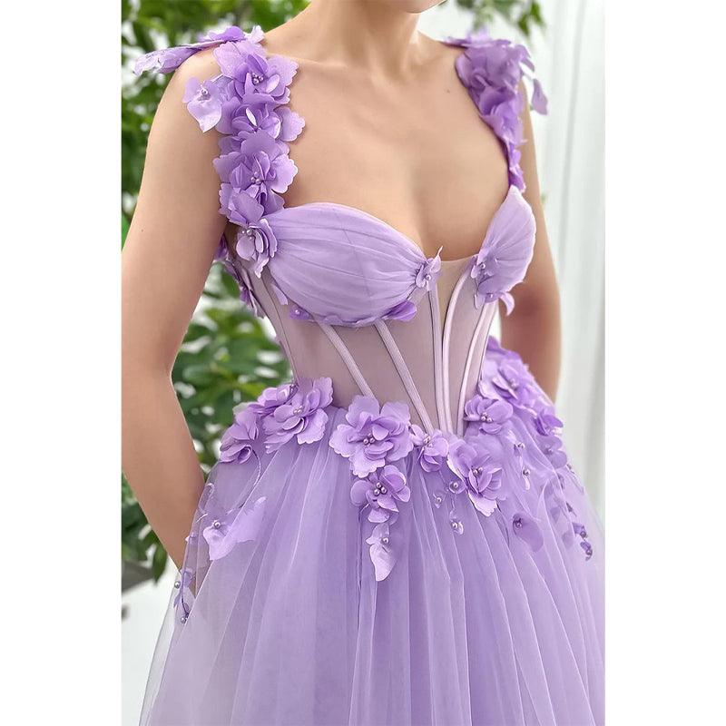 Vestido de noche de fiesta de graduación con escote en forma de A de tul, tirantes finos y apliques florales 