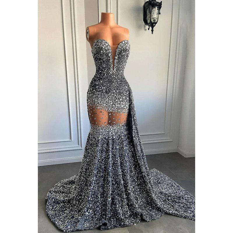 Vestido de fiesta de noche estilo sirena, sexy y atractivo, con lentejuelas, escote en V, sin mangas y volantes