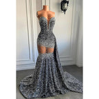 Vestido de fiesta de noche estilo sirena, sexy y atractivo, con lentejuelas, escote en V, sin mangas y volantes